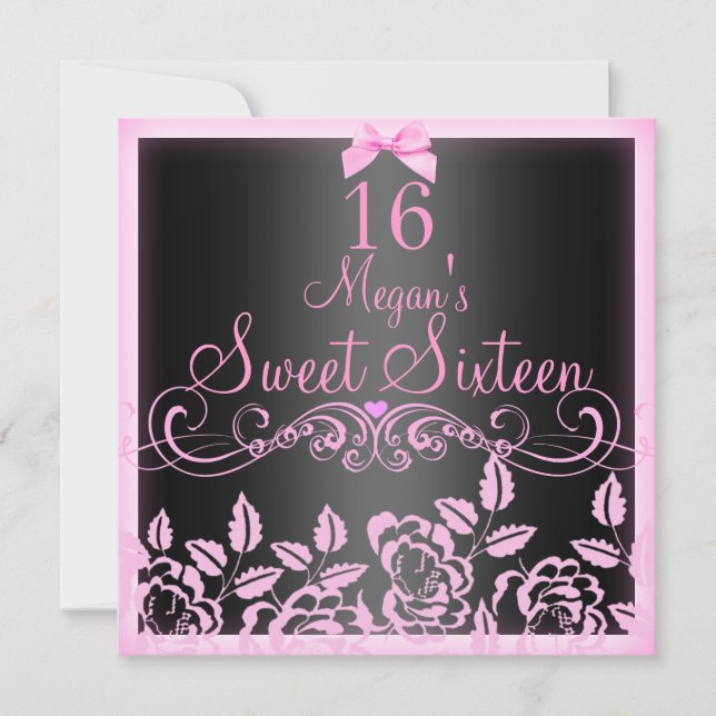 Soft Pink & Black Rose Sweet16 Birthday Invite (Front)