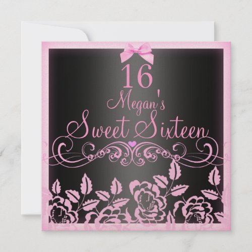 Soft Pink &amp; Black Rose Sweet16 Birthday Invite