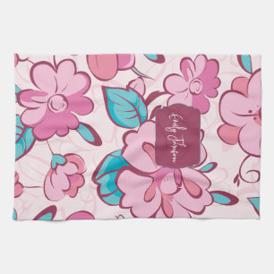 Soft Pink Bloom Floral Pattern Custom Name Kitchen Towel