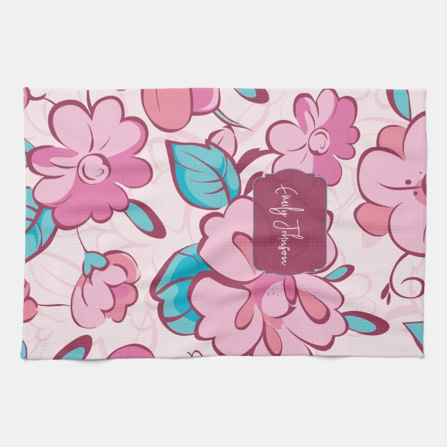 Soft Pink Bloom Floral Pattern Custom Name Kitchen Towel (Horizontal)