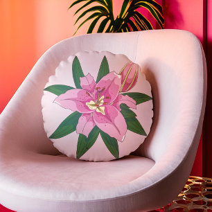 Soft Pink Blooming Lily Round Pillow