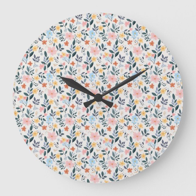 Soft Pink Blue Ditsy Flower Print Large Clock (Front)