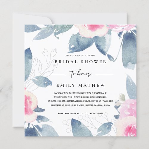 SOFT PINK BLUE FLORAL WATERCOLOR BRIDAL SHOWER INVITATION