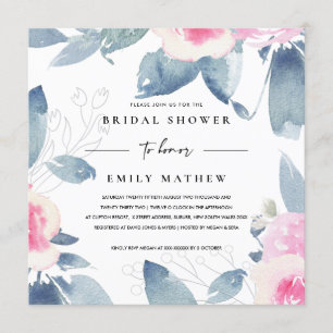 SOFT PINK BLUE FLORAL WATERCOLOR BRIDAL SHOWER INVITATION