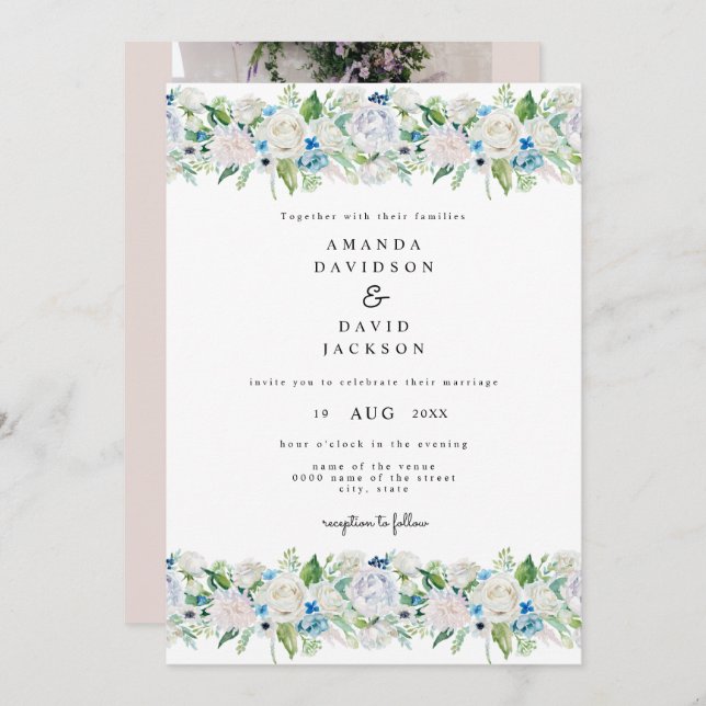 Soft Pink Blue Greenery Romantic Floral Wedding Invitation (Front/Back)