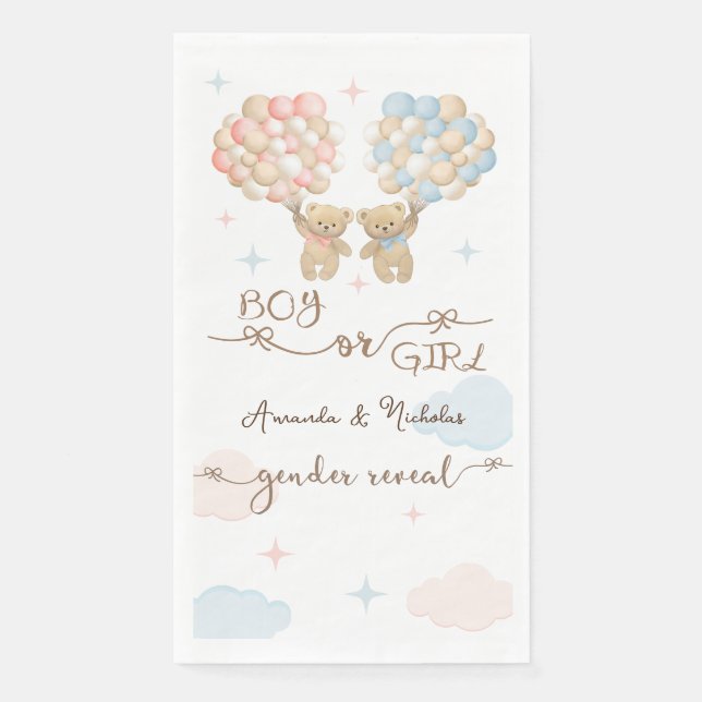 Soft Pink Blue Teddy Bear Gender Reveal Paper Guest Towels (Front)
