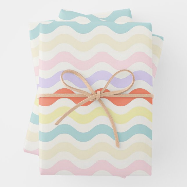 Soft Pink Blue Yellow Wavy Stripes Aesthetic Nurse Wrapping Paper Sheets (In situ)