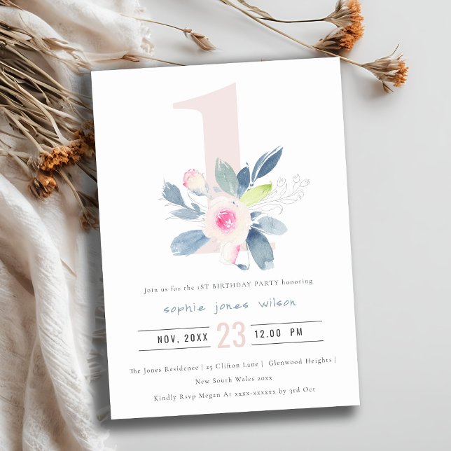 SOFT PINK BLUSH BLUE FLORAL 1st ANY AGE BIRTHDAY Invitation (Creator Uploaded)