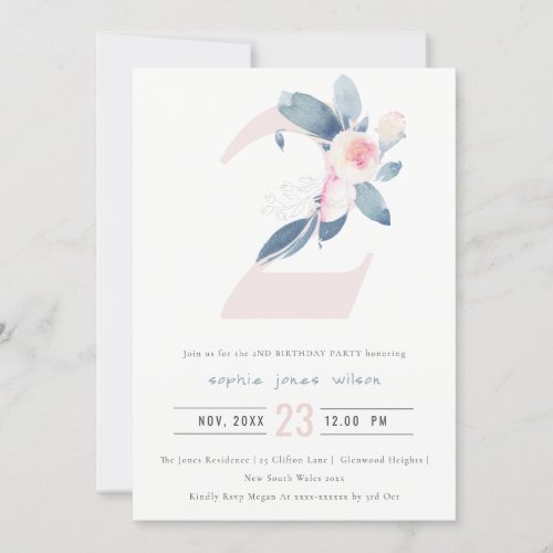 SOFT PINK BLUSH BLUE FLORAL 2nd ANY AGE BIRTHDAY Invitation