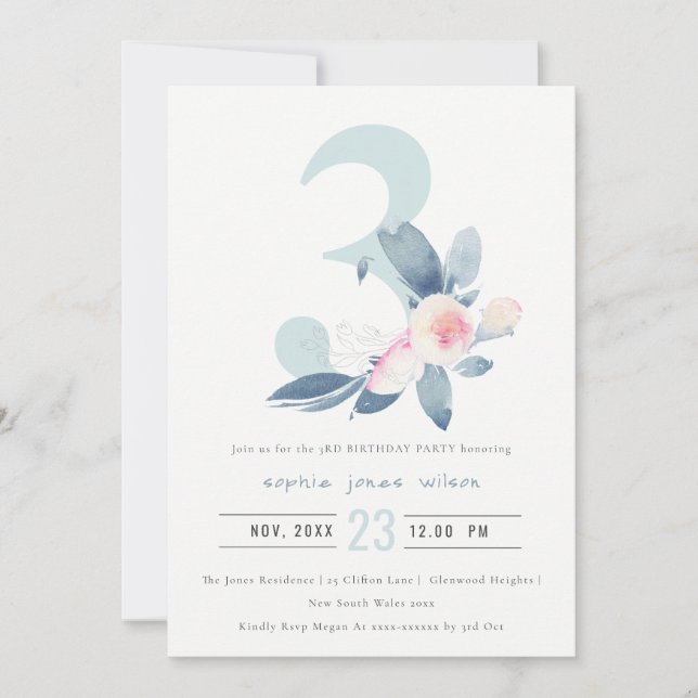 SOFT PINK BLUSH BLUE FLORAL 3RD ANY AGE BIRTHDAY INVITATION (Front)