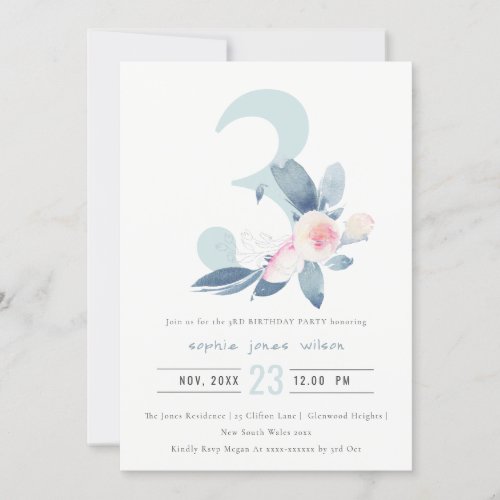 SOFT PINK BLUSH BLUE FLORAL 3RD ANY AGE BIRTHDAY INVITATION