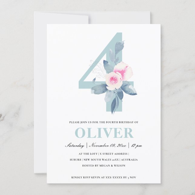 SOFT PINK BLUSH BLUE FLORAL 4TH ANY AGE BIRTHDAY INVITATION (Front)
