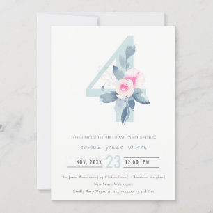 SOFT PINK BLUSH BLUE FLORAL 4TH ANY AGE BIRTHDAY INVITATION