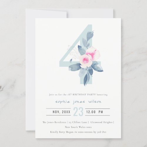 SOFT PINK BLUSH BLUE FLORAL 4TH ANY AGE BIRTHDAY INVITATION