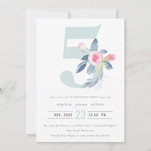 SOFT PINK BLUSH BLUE FLORAL 5TH ANY AGE BIRTHDAY INVITATION