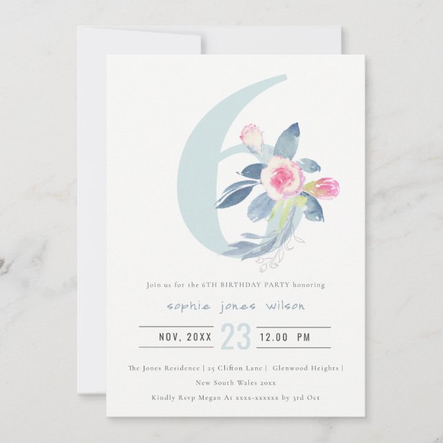 SOFT PINK BLUSH BLUE FLORAL 6TH ANY AGE BIRTHDAY INVITATION (Front)