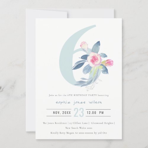 SOFT PINK BLUSH BLUE FLORAL 6TH ANY AGE BIRTHDAY INVITATION