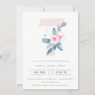 SOFT PINK BLUSH BLUE FLORAL 7TH ANY AGE BIRTHDAY INVITATION