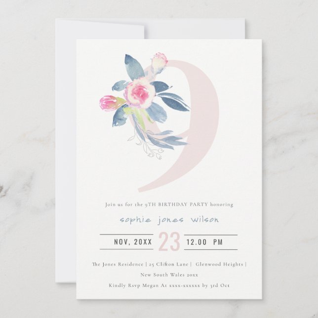 SOFT PINK BLUSH BLUE FLORAL 9TH ANY AGE BIRTHDAY INVITATION (Front)