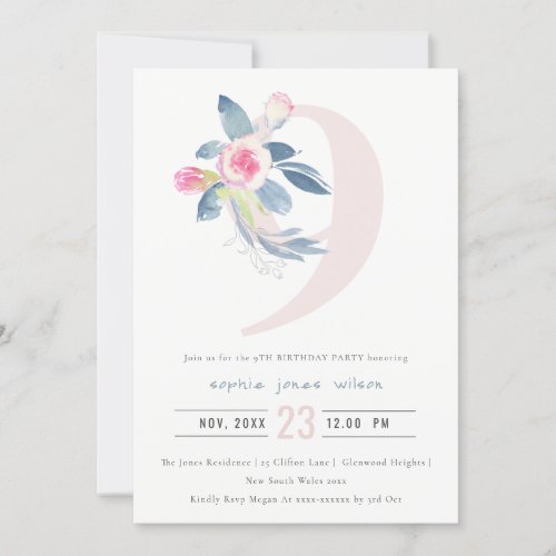 SOFT PINK BLUSH BLUE FLORAL 9TH ANY AGE BIRTHDAY INVITATION