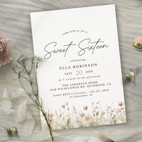 Soft Pink Blush Delicate Floral Sweet 16 Birthday Invitation