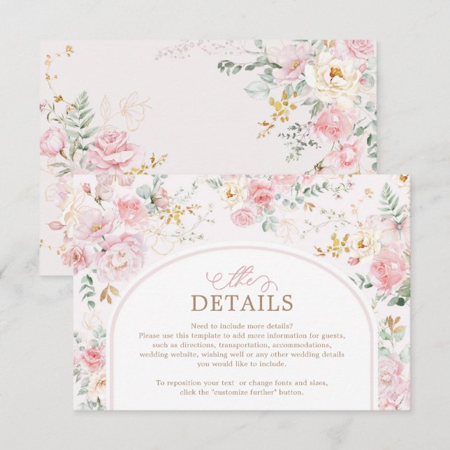 Soft Pink Blush Floral Roses Greenery Details Enclosure Card (Front/Back)