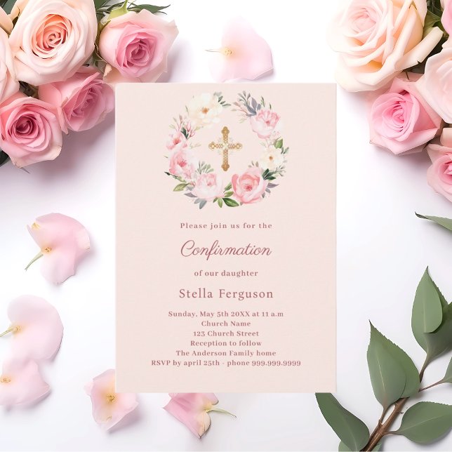 Soft pink blush florals cross Confirmation Invitation (Creator Uploaded)