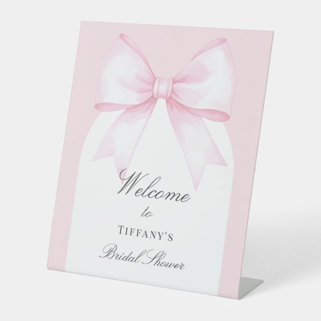 Soft Pink Blush Ribbon Bow Bridal Shower Welcome Pedestal Sign (Front)