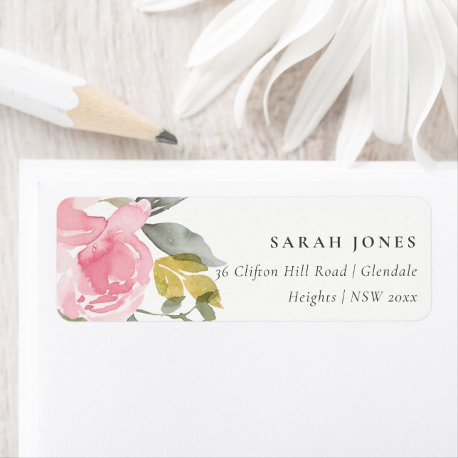 SOFT PINK  BLUSH ROSE WATERCOLOR FLORAL ADDRESS LABEL (Insitu)