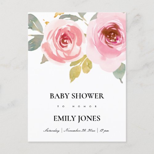 SOFT PINK BLUSH ROSE WATERCOLOR FLORAL BABY SHOWER INVITATION POSTCARD