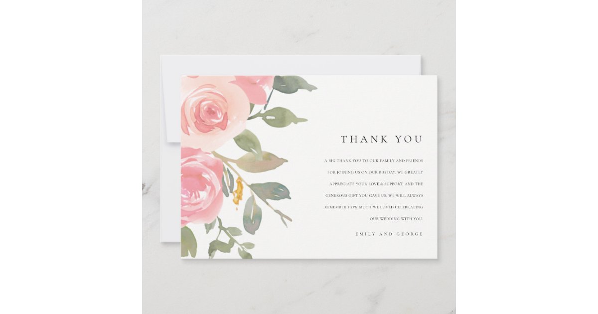 SOFT PINK BLUSH ROSE WATERCOLOR FLORAL WEDDING THANK YOU CARD | Zazzle