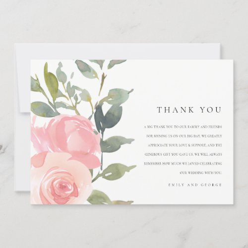 SOFT PINK BLUSH ROSE WATERCOLOR FLORAL WEDDING THANK YOU CARD