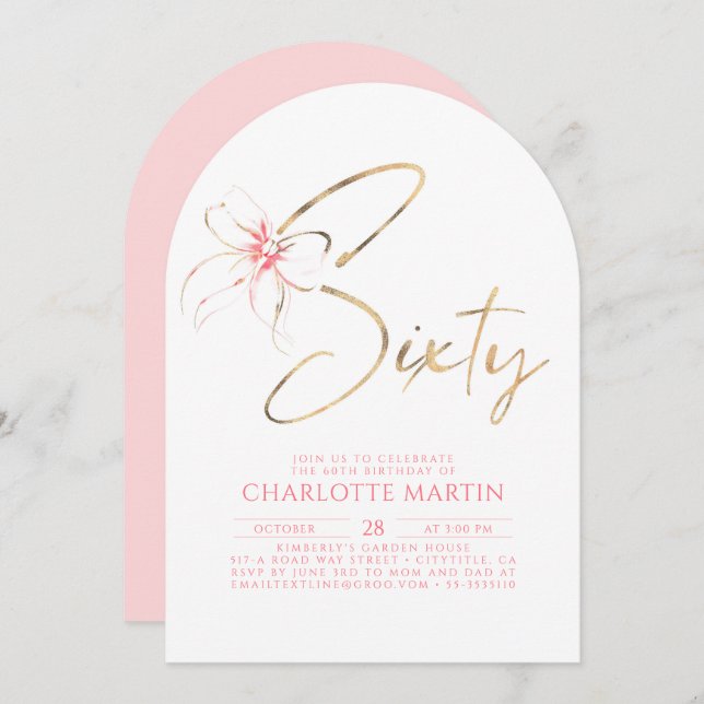 Soft Pink Bow Elegant Romantic Chic 60th Birthday Invitation (Front/Back)