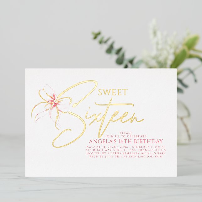 Soft Pink Bow Elegant Romantic Sweet 16th Birthday Foil Invitation (Standing Front)