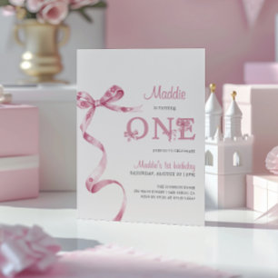 Soft Pink Bow First Birthday Girl Invitation