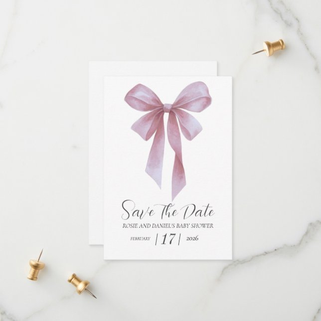 Soft Pink Bow Girl Baby Shower Save The Date (Front/Back In Situ)