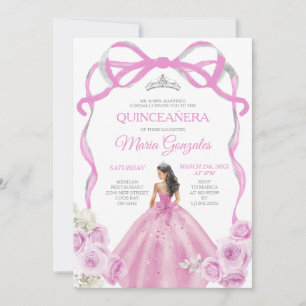 Soft Pink Bow Princess Silver Crown Quinceañera Invitation