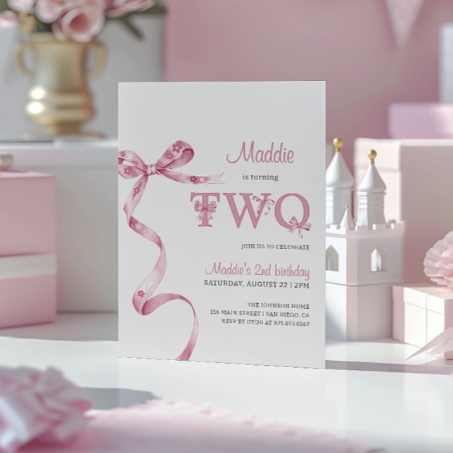 Soft Pink Bow Second Birthday Girl  Invitation (Creator Uploaded)
