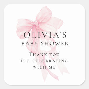Soft Pink Bow Text Thank You Baby Shower Square Sticker