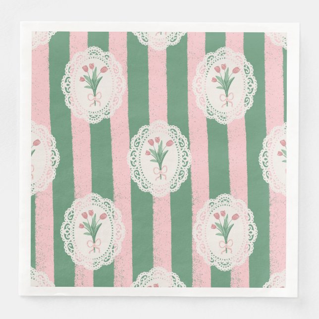 Soft Pink Bow & Tulip Floral Paper Dinner Napkins (Front)