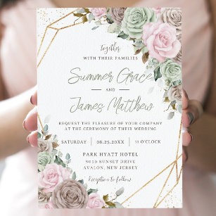 Soft Pink Brown Sage Green Floral Gold Wedding Invitation