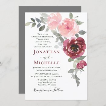 Soft Pink Burgundy Floral Christian Wedding Invitation by CChristianDesigns at Zazzle