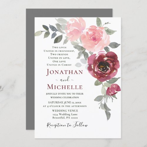 Soft Pink Burgundy Floral Christian Wedding Invitation