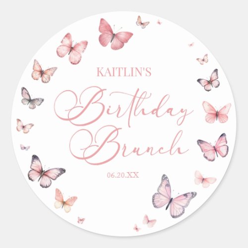 Soft Pink Butterfly Birthday Brunch Party Classic Round Sticker