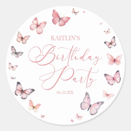 Soft Pink Butterfly Birthday Party Classic Round Sticker