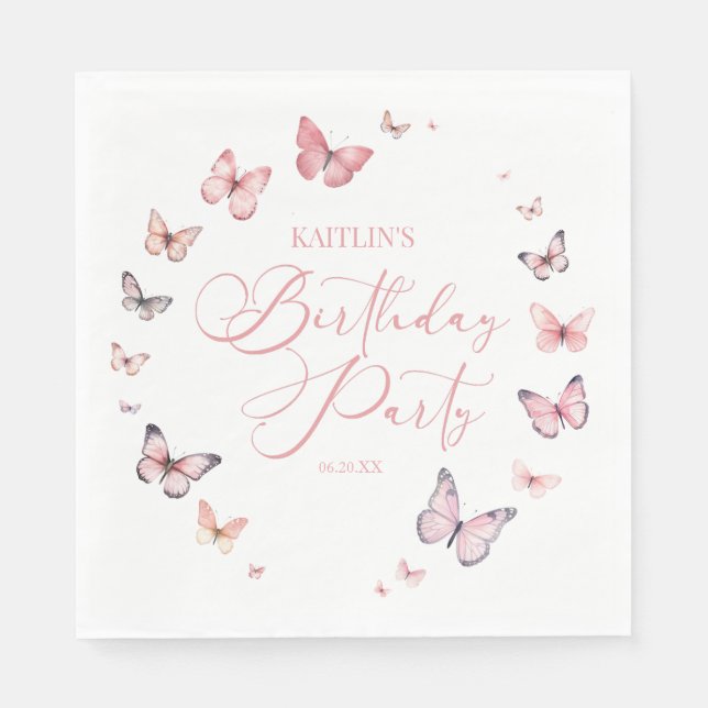Soft Pink Butterfly Birthday Party Napkins (Front)