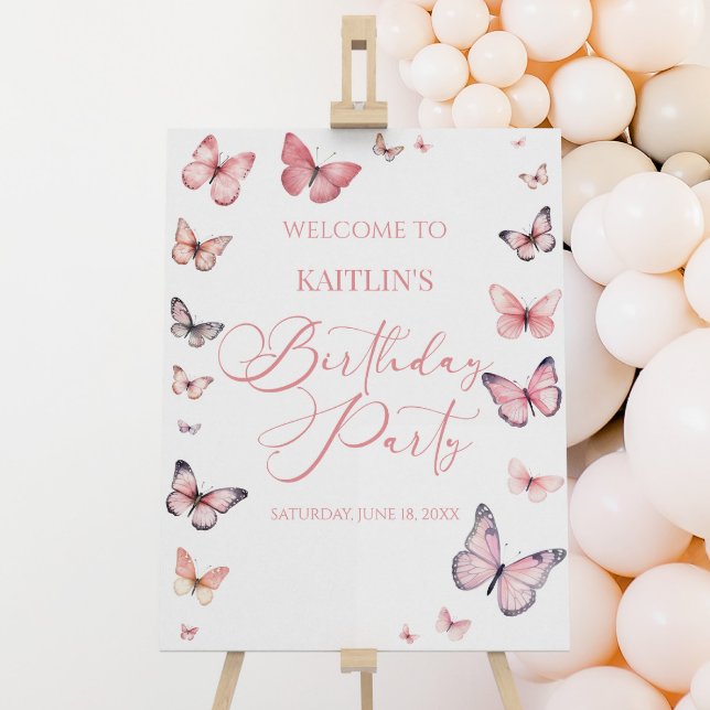 Soft Pink Butterfly Birthday Party Welcome Sign (Creator Uploaded)