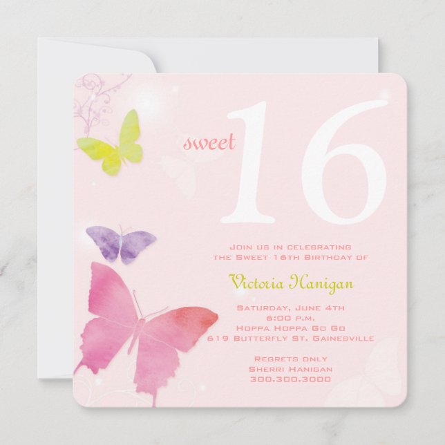 Soft Pink Butterfly Themed Sweet 16 Birthday Party Invitation (Front)