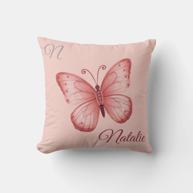   Soft pink  buttrfly  monogrammed Throw Pillow (Front)