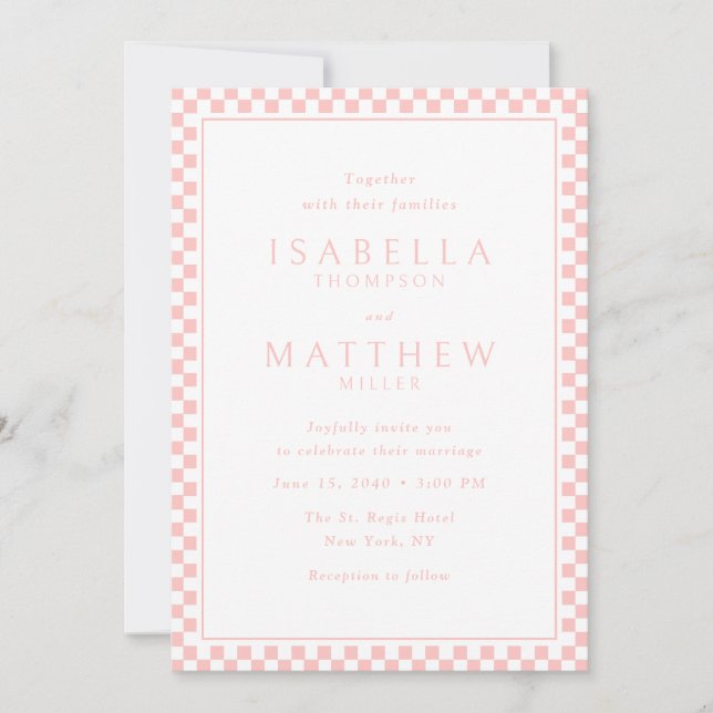 Soft Pink Checker Frame Wedding Invitation (Front)